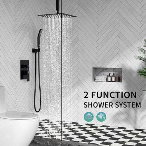 SR SUN RISE Luxury Rain Shower Head for Bathroom Ceiling Mount Matte Black Shower System WaterSense Faucet Trim Kit