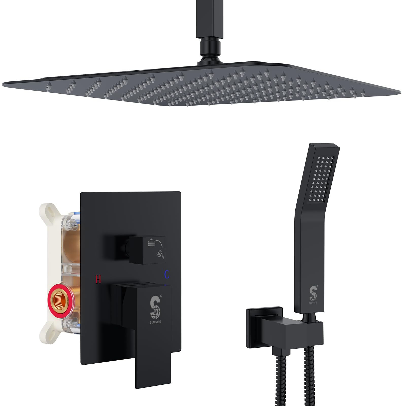 SR SUN RISE Luxury Rain Shower Head for Bathroom Ceiling Mount Matte Black Shower System WaterSense Faucet Trim Kit