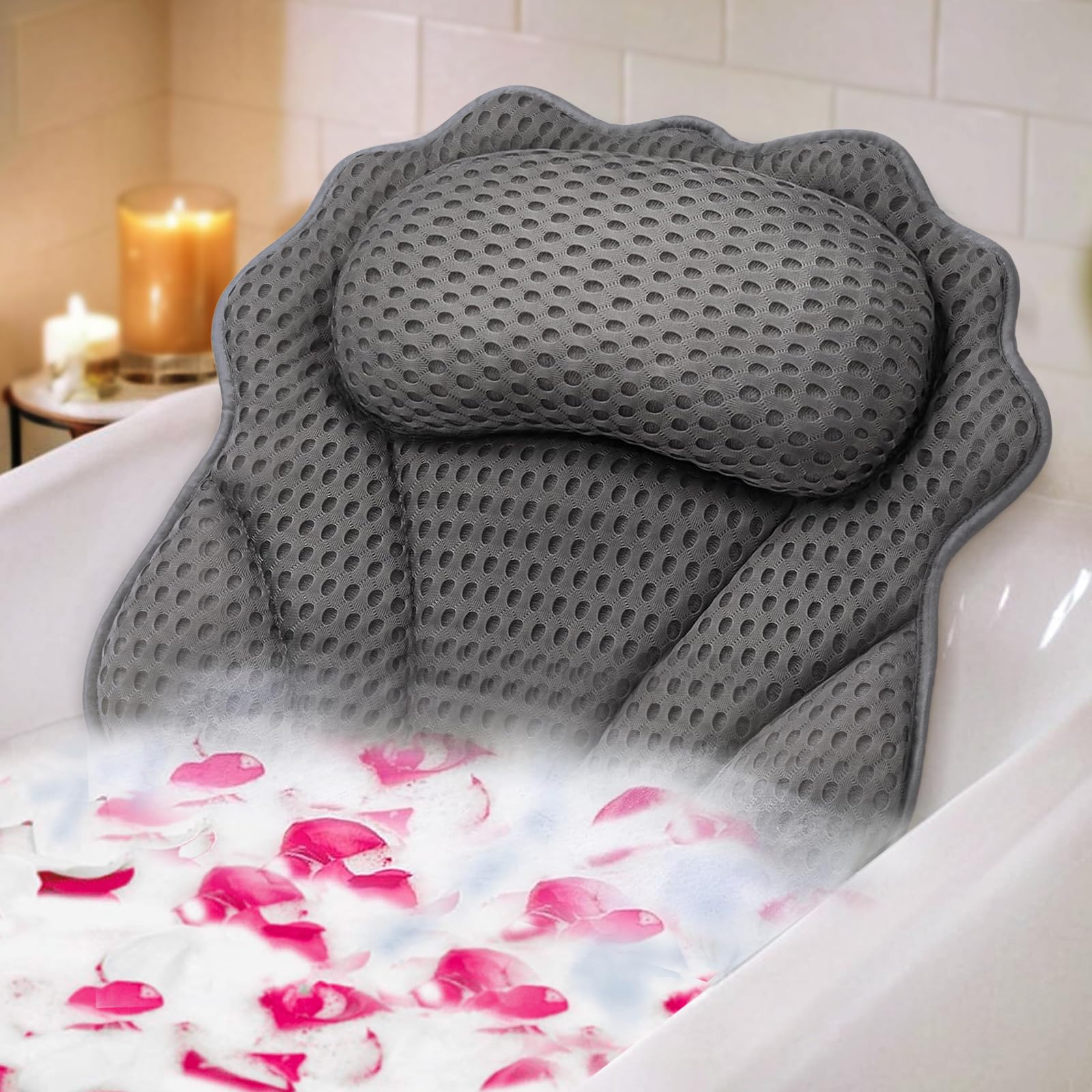 Buvince 4D Luxury Bath Pillow Ergonomic Support for Head, Neck, Shoulder and Back, Fits All Bathtubs with 6 Powerful Suc